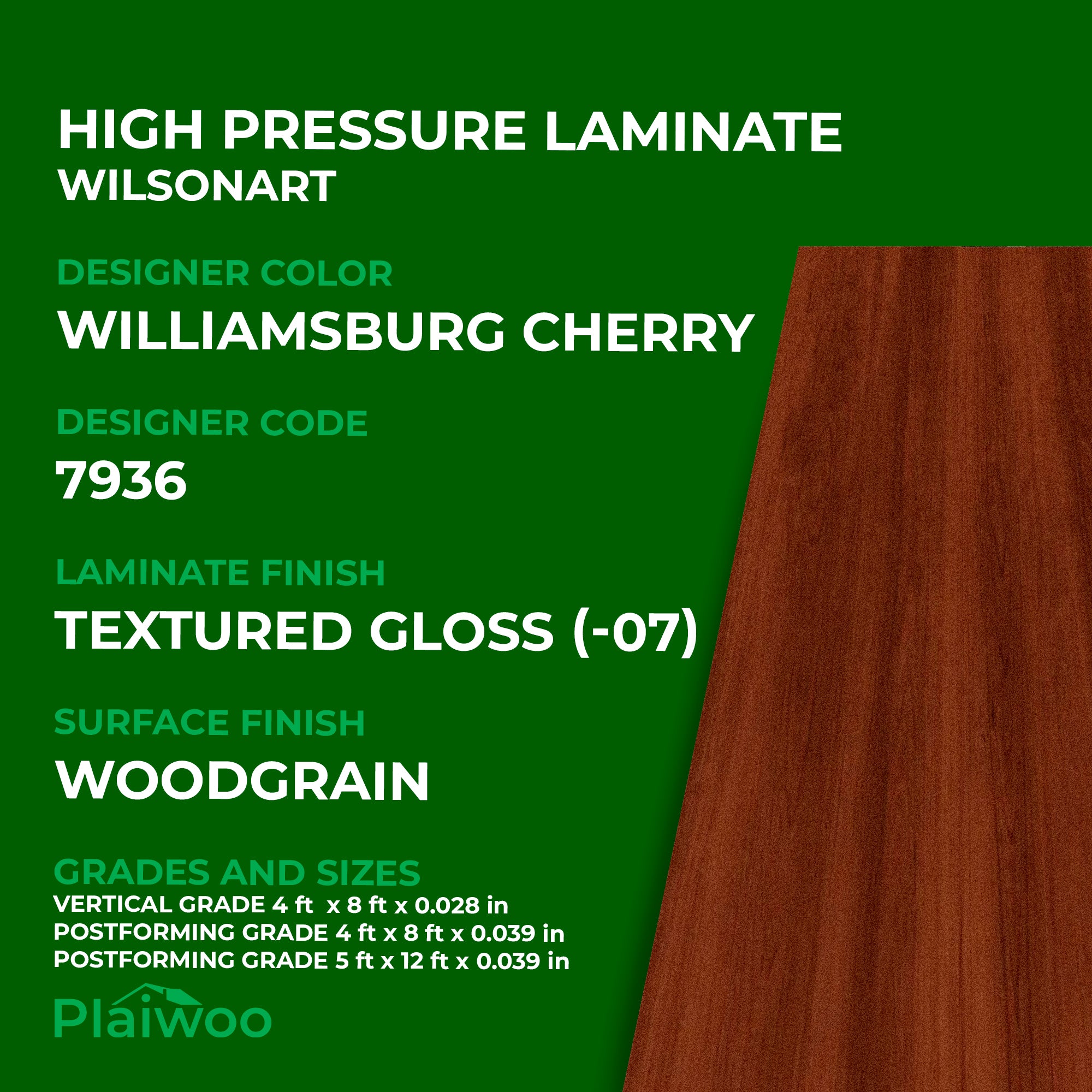 7936 Wilsonart Williamsburg Cherry (-07) Textured Gloss (-07) HPL 4 ft x 8 ft Laminate Sheets Specifications - Plaiwoo