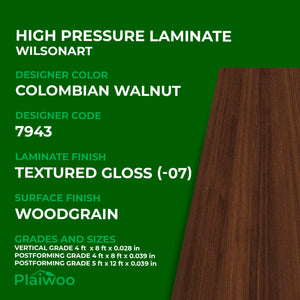 7943 Wilsonart Colombian Walnut (-07) Textured Gloss (-07) HPL 4 ft x 8 ft Laminate Sheets Specifications - Plaiwoo