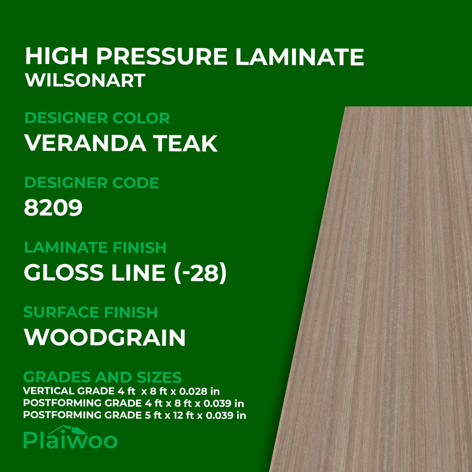 8209 Wilsonart Veranda Teak (-28) Gloss Line (-28) HPL 4 ft x 8 ft Laminate Sheets Specifications - Plaiwoo