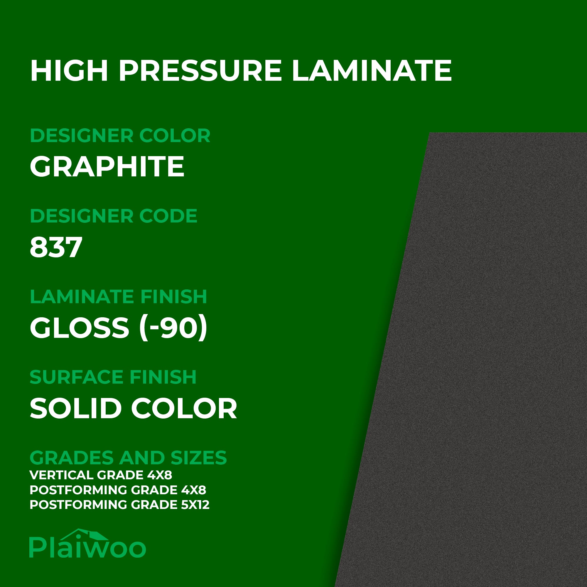 Formica Graphite 837 Gloss HPL 4 ft x 8 ft Laminate Sheets Specifications - Plaiwoo