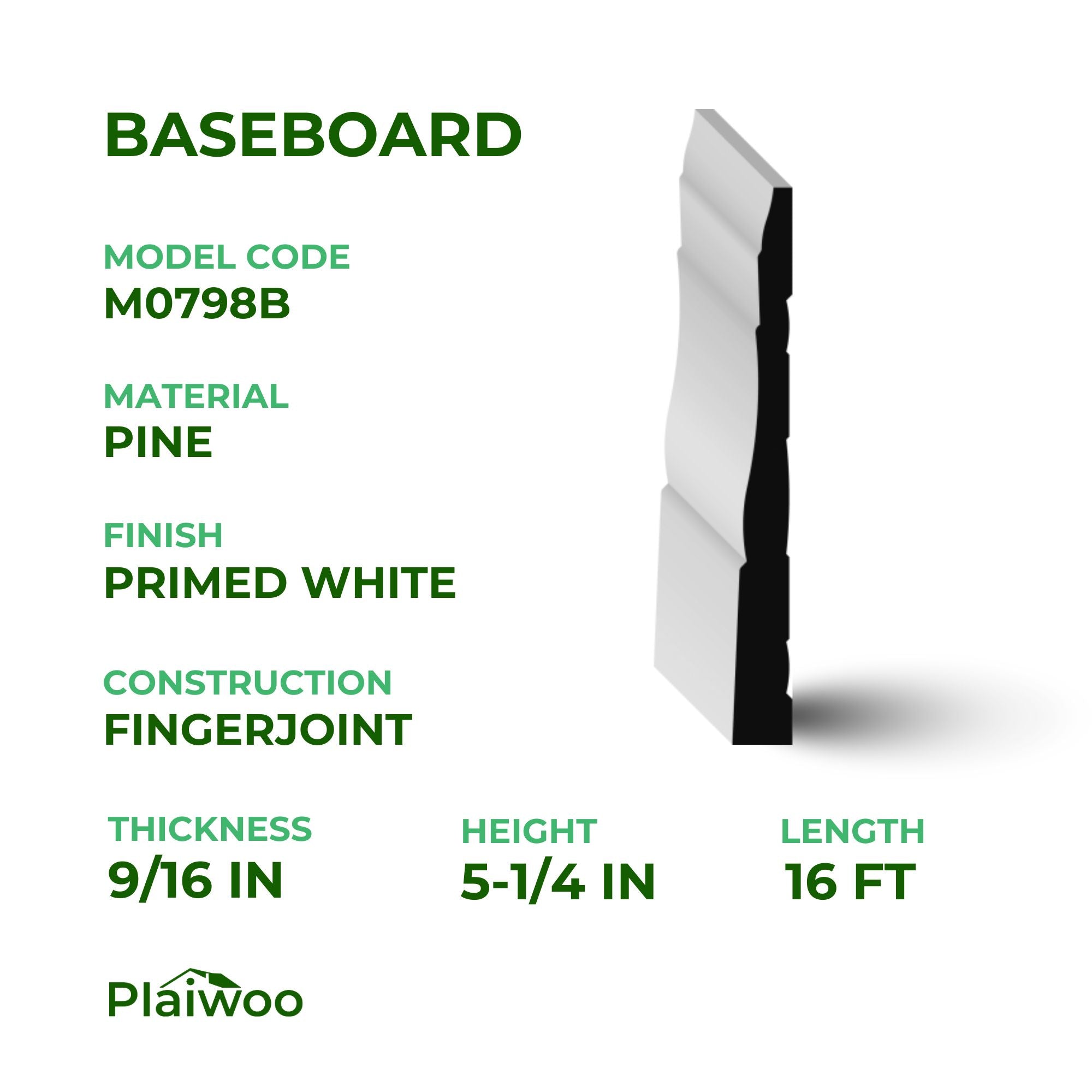 9/16 in x 5-1/4 in x 16 ft M0798B Primed White Pine Wood Baseboard -  Moulding - high-quality decorative trim for doors, windows, and interior finishing.