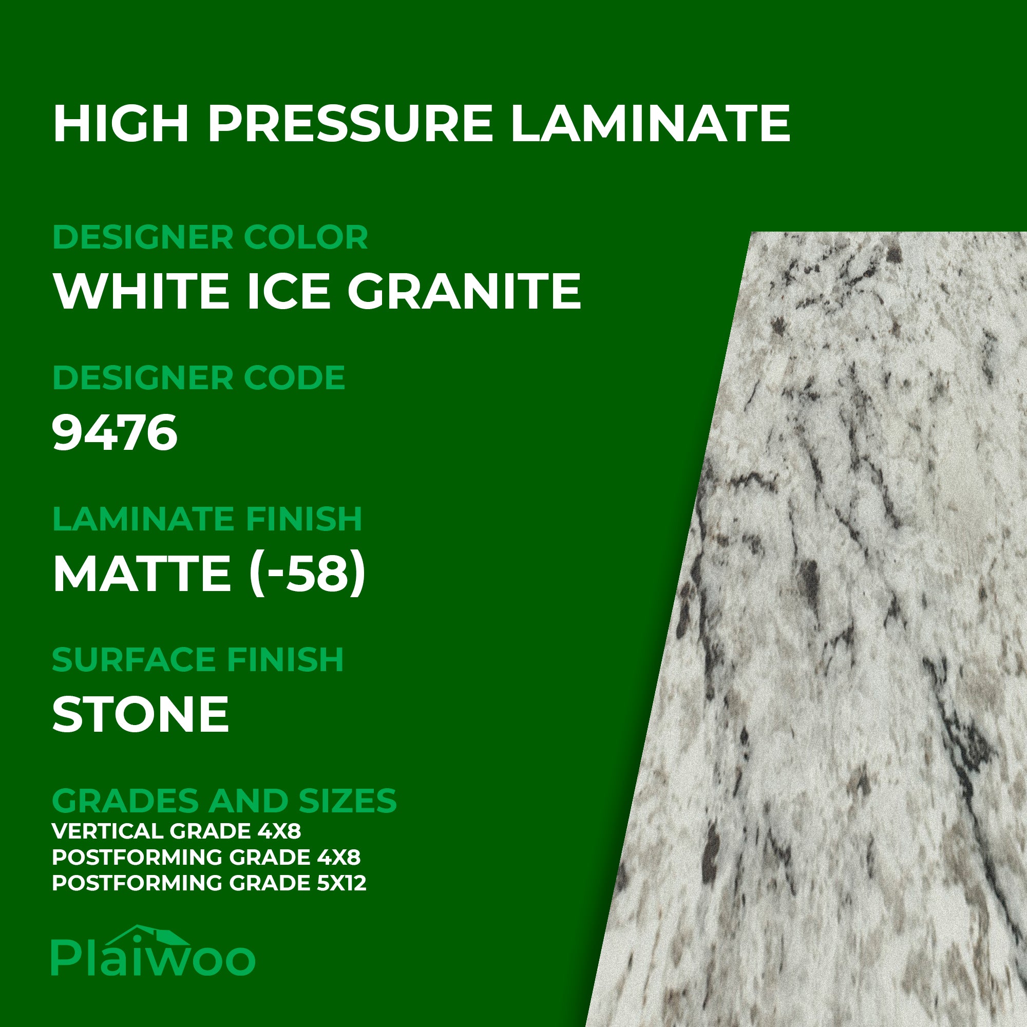 Formica White Ice Granite 9476 Matte HPL 4 ft x 8 ft Laminate Sheets Specifications - Plaiwoo