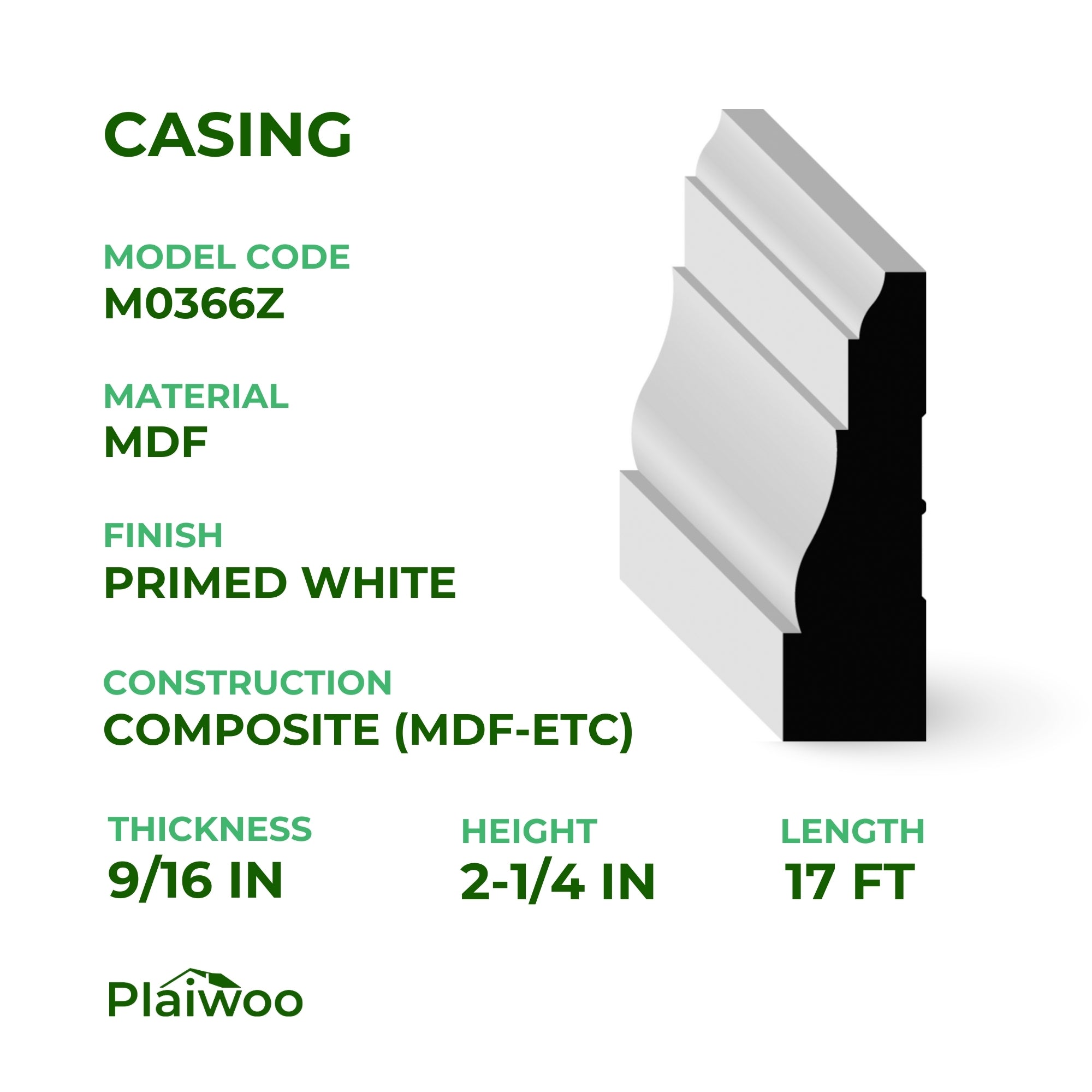 9/16 in x 2-1/4 in x 17 ft M0366Z Primed White MDF Casing - Moulding - high-quality decorative trim for doors, windows, and interior finishing.