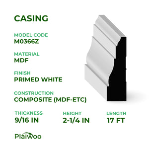 9/16 in x 2-1/4 in x 17 ft M0366Z Primed White MDF Casing - Moulding - high-quality decorative trim for doors, windows, and interior finishing.