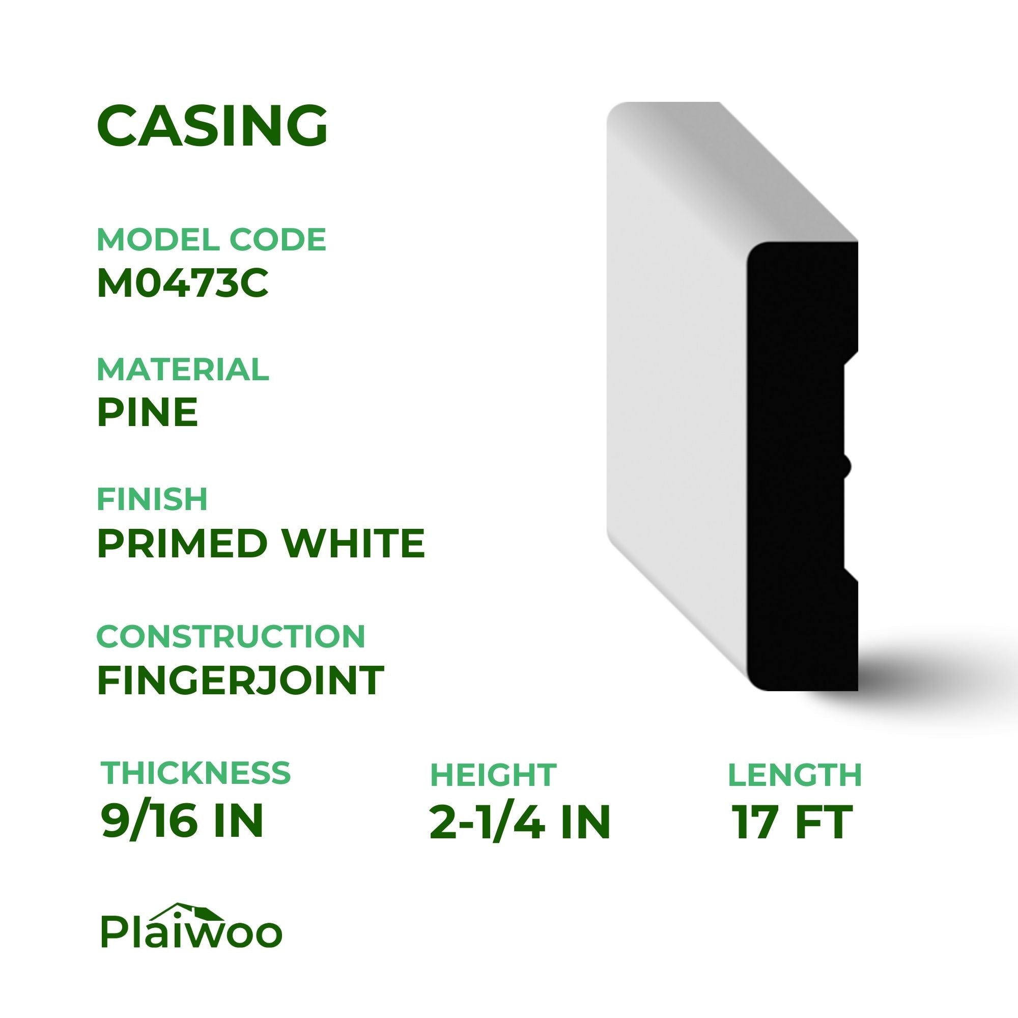 9/16 in x 2-1/4 in x 17 ft M0473C Primed White Pine Wood Casing - Moulding - high-quality decorative trim for doors, windows, and interior finishing.