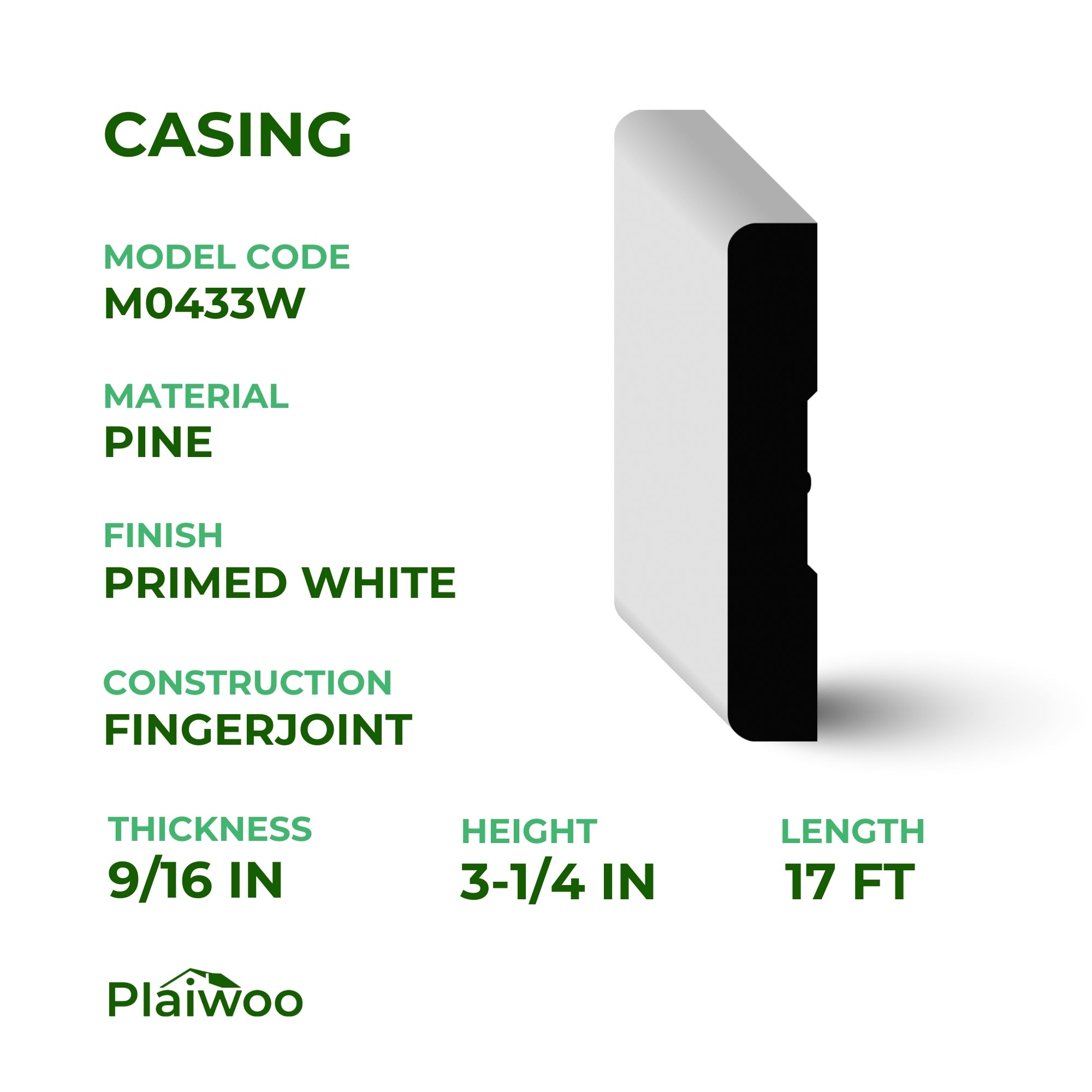 9/16 in x 3-1/4 in x 17 ft M0433W Primed White Pine Wood Casing - Moulding - high-quality decorative trim for doors, windows, and interior finishing.