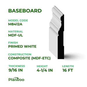 9/16 in x 4-1/4 in x 16 ft M8412A Primed White MDF-UL Baseboard - Moulding - high-quality decorative trim for doors, windows, and interior finishing.