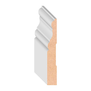 9/16 in x 4-1/4 in x 16 ft M8412A Primed White MDF-UL Baseboard - Moulding, durable composite construction with a smooth primed white finish for easy painting and installation.