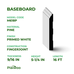 9/16 in x 5-1/4 in x 16 ft M5180P Primed White Pine Wood Baseboard - Moulding - high-quality decorative trim for doors, windows, and interior finishing.