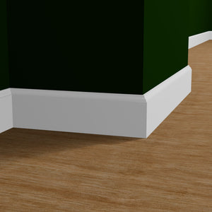 View of a room featuring the M618P Primed White Pine Wood Baseboard Moulding installed, measuring 9/16 in x 5-1/4 in x 16 ft, highlighting an elegant and clean finish, ideal for enhancing the aesthetics of any space.