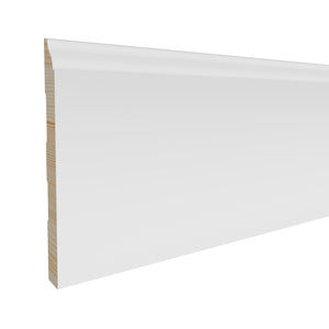 9/16 in x 5-1/4 in x 16 ft M618P Primed White Pine Wood Baseboard - Moulding, durable composite construction with a smooth primed white finish for easy painting and installation.
