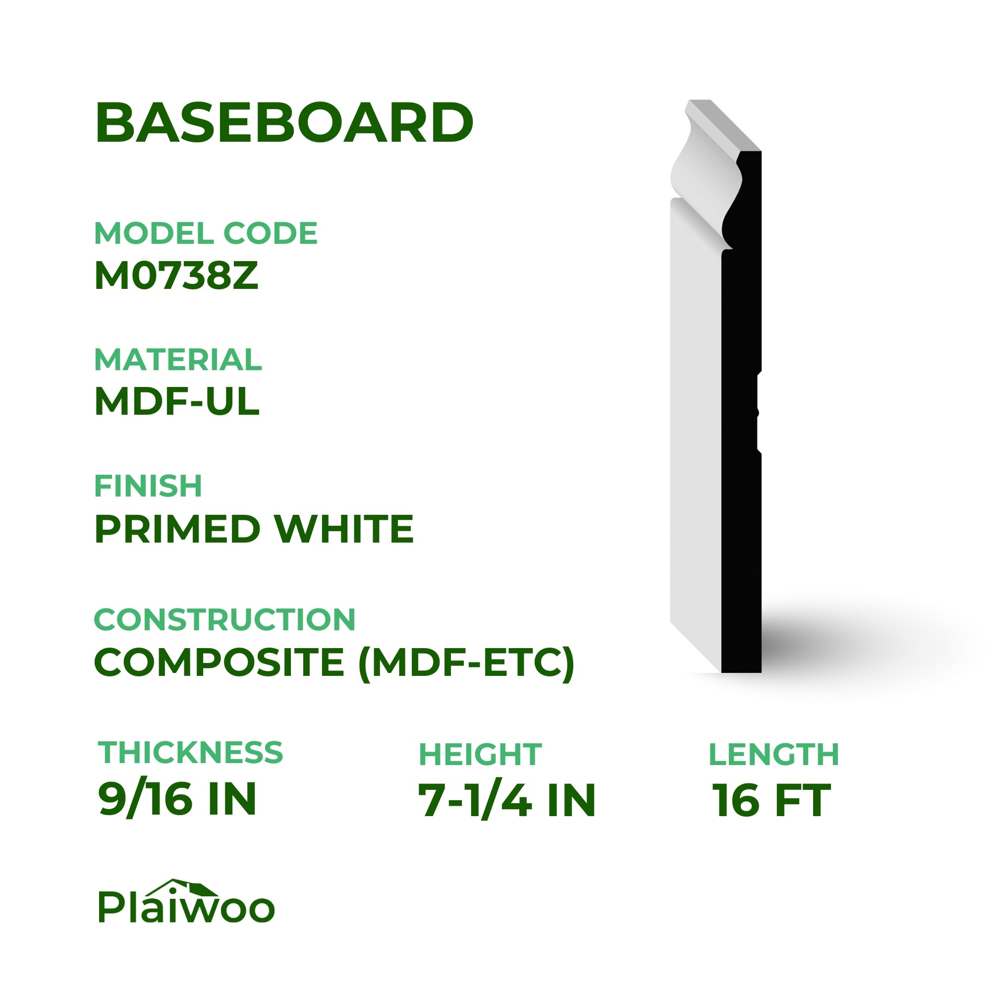 9/16 in x 7-1/4 in x 16 ft M0738Z Primed White MDF-UL Baseboard - Moulding - high-quality decorative trim for doors, windows, and interior finishing.