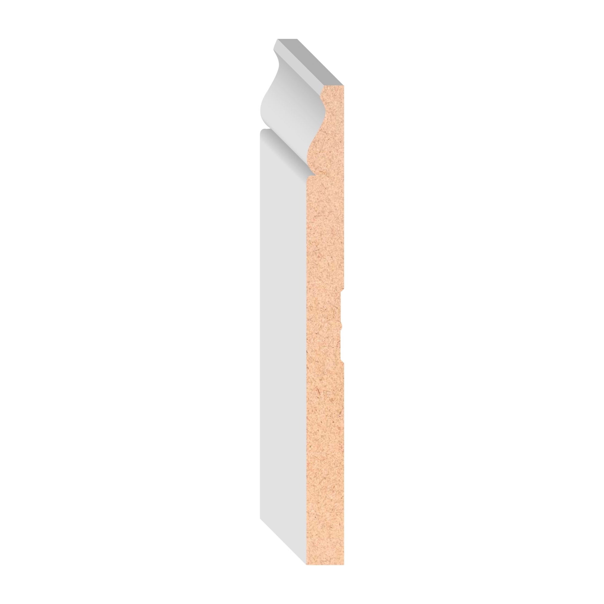 9/16 in x 7-1/4 in x 16 ft M0738Z Primed White MDF-UL Baseboard - Moulding, durable composite construction with a smooth primed white finish for easy painting and installation.