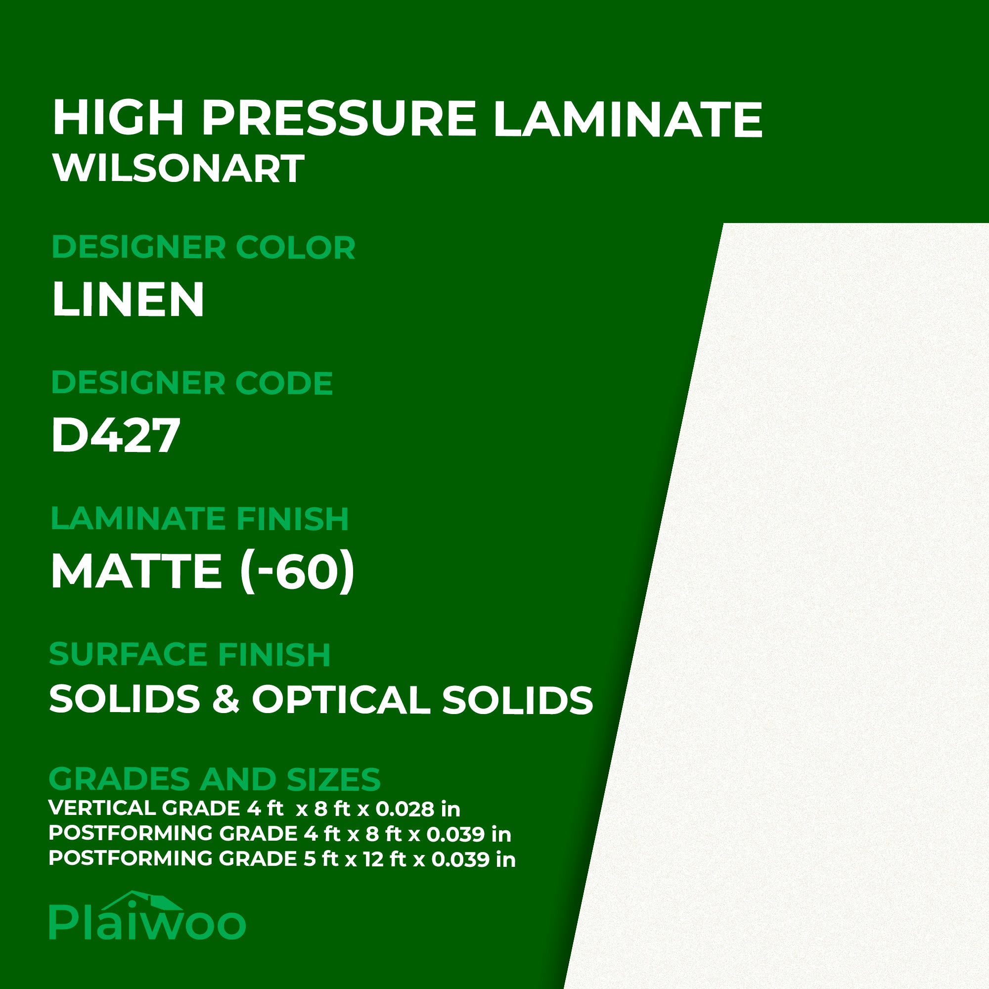 D427 Wilsonart Linen (-60) Matte (-60) HPL 4 ft x 8 ft Laminate Sheets Specifications - Plaiwoo