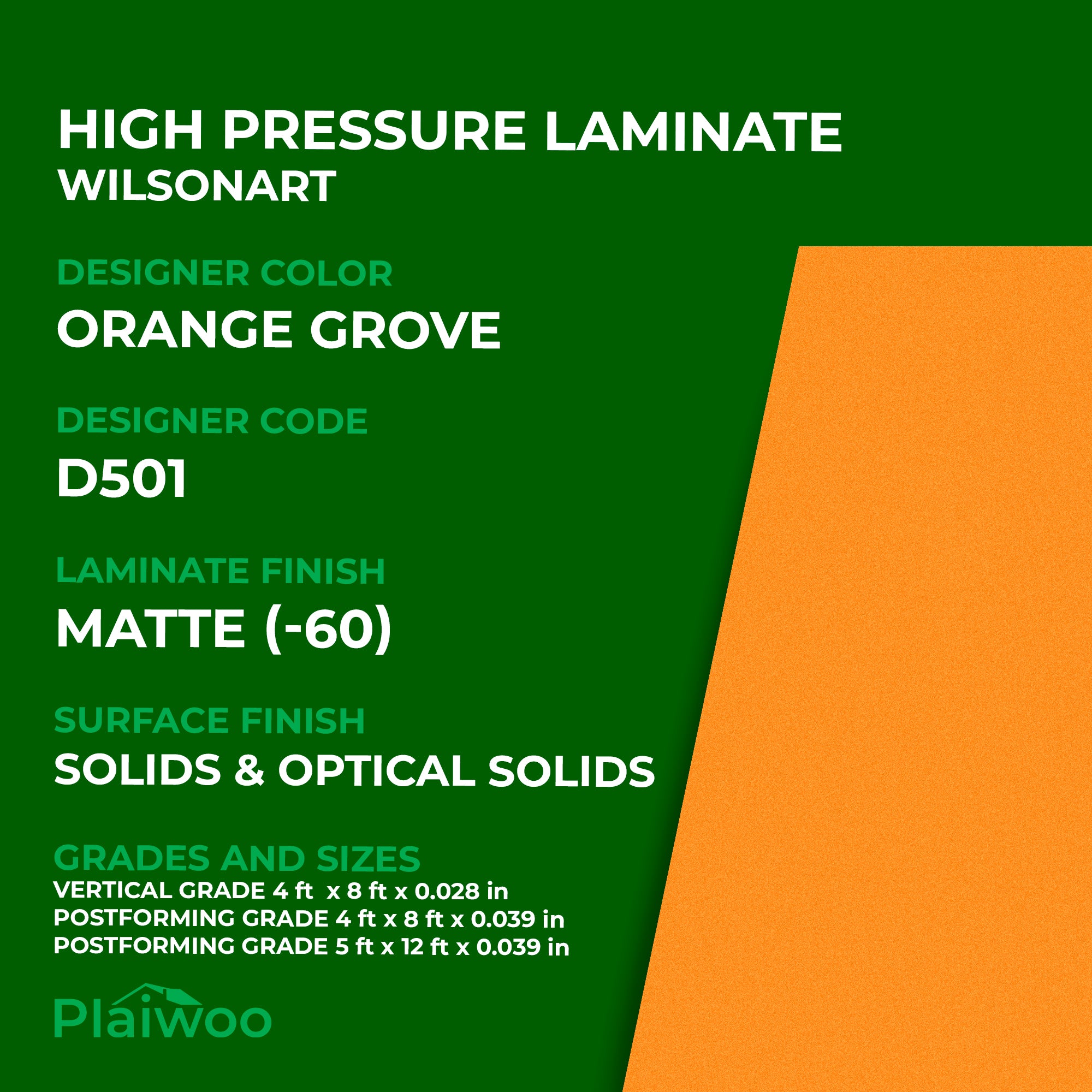 D501 Wilsonart Orange Grove (-60) Matte (-60) HPL 4 ft x 8 ft Laminate Sheets Specifications - Plaiwoo