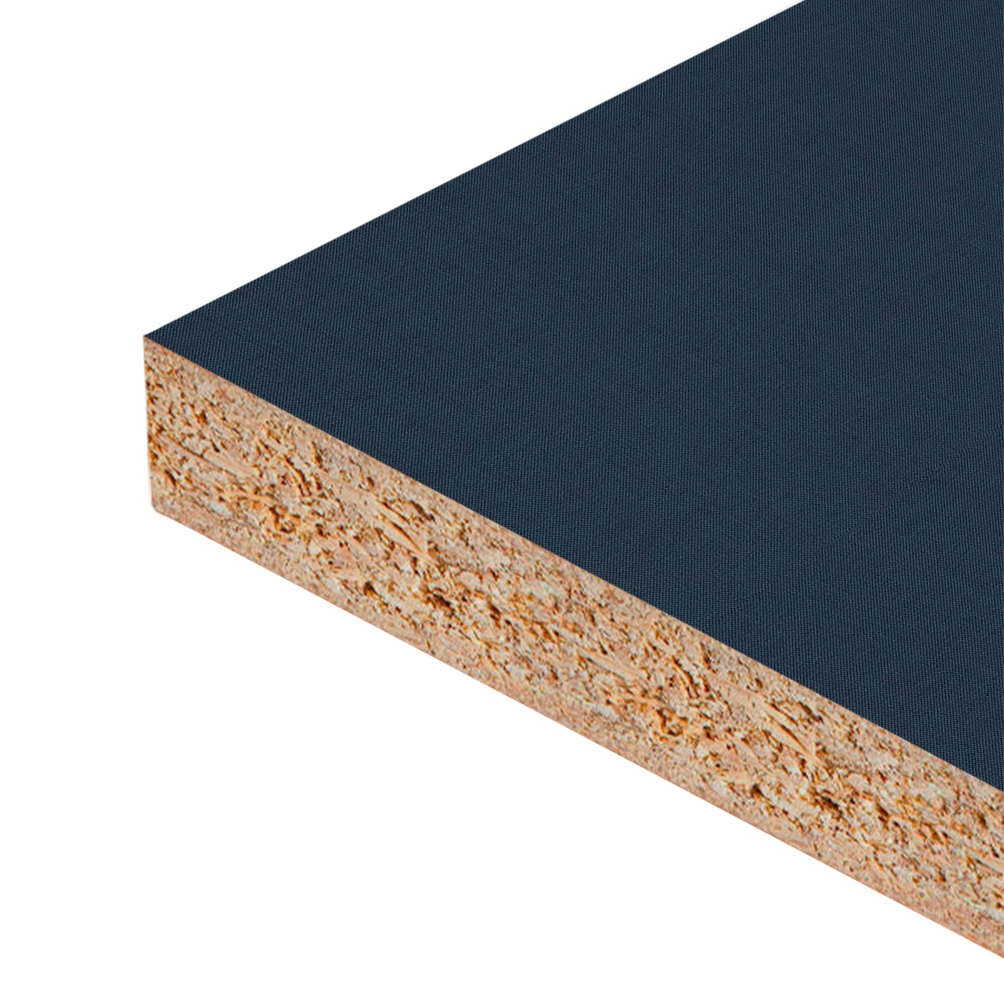 Close up of Azul Urbano Melamine Panel Two-Sided (18 mm) 3/4 in x 7 ft x 8 ft showing Particle Board core and smooth Blue melamine surface for durable furniture applications.