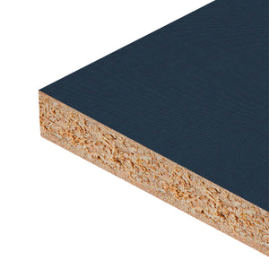 Close up of Azul Urbano Melamine Panel Two-Sided (18 mm) 3/4 in x 7 ft x 8 ft showing Particle Board core and smooth Blue melamine surface for durable furniture applications.