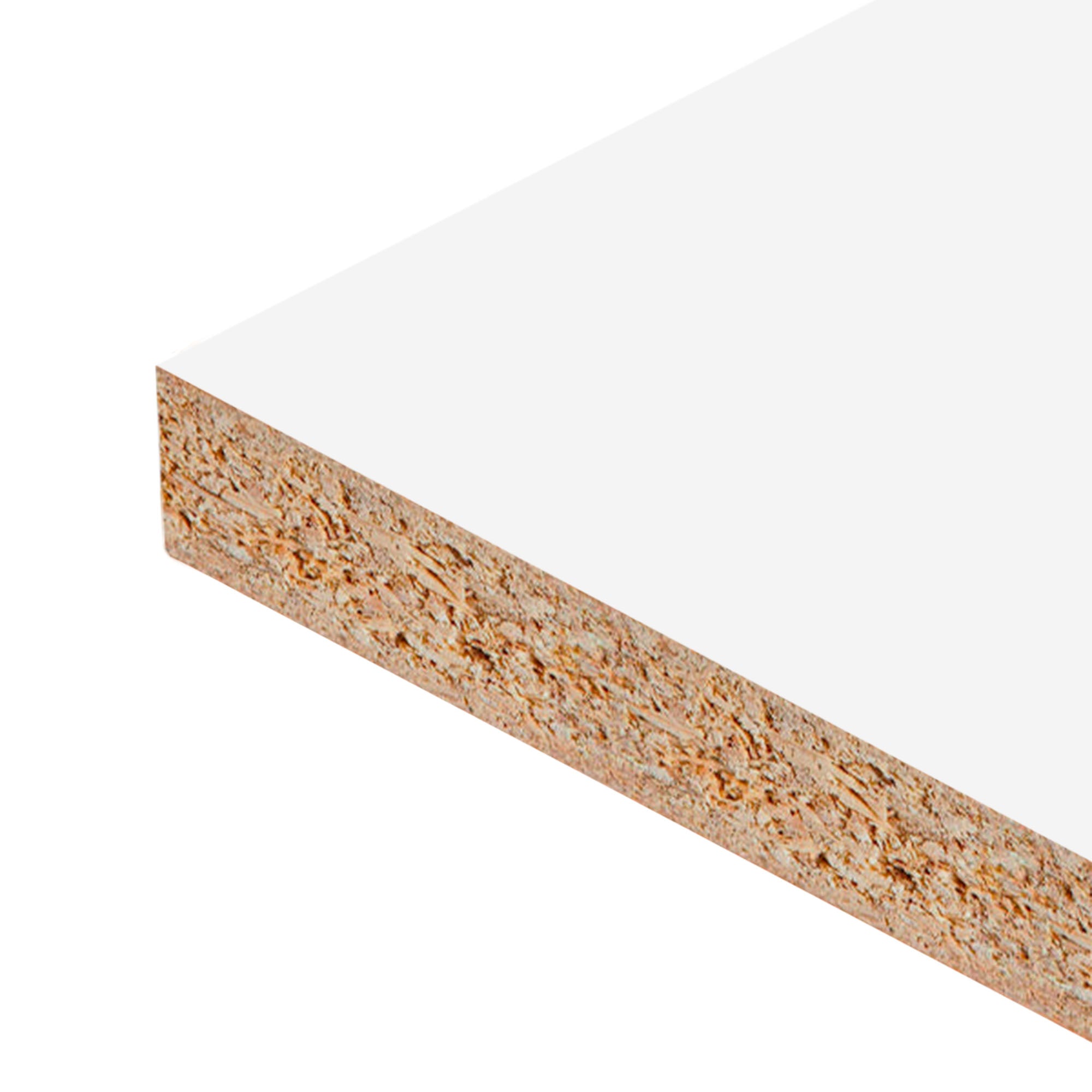 Close up of Blanco Textil Melamine Panel Two-Sided (18 mm) 3/4 in x 7 ft x 8 ft showing Particle Board core and smooth White melamine surface for durable furniture applications.
