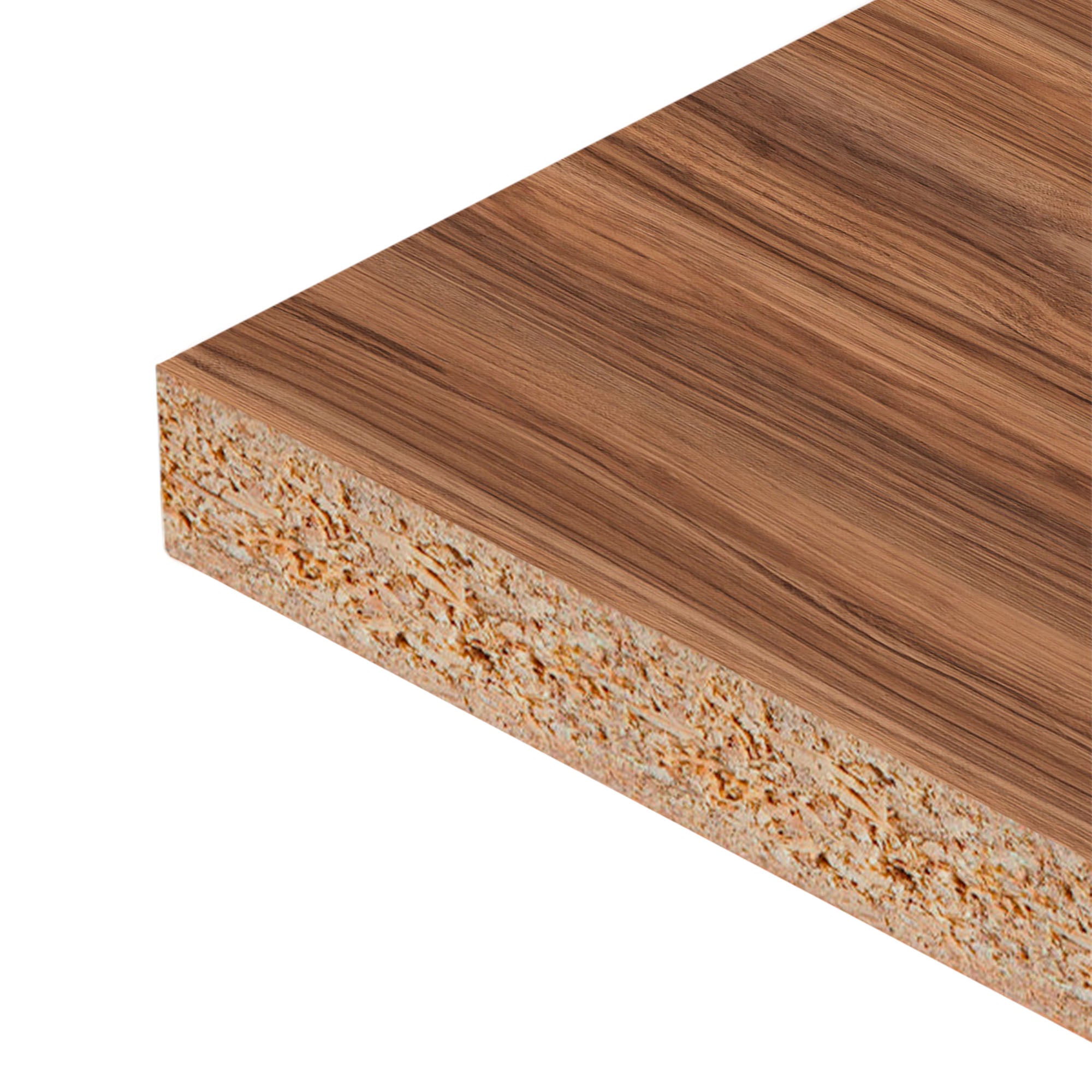 Close up of Encino Marron Melamine Panel Two-Sided (18 mm) 3/4 in x 7 ft x 8 ft showing Particle Board core and smooth Brown melamine surface for durable furniture applications.