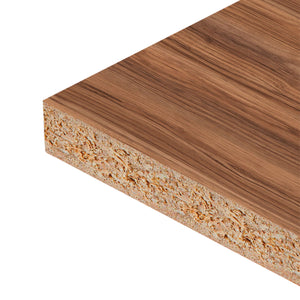 Close up of Encino Marron Melamine Panel Two-Sided (18 mm) 3/4 in x 7 ft x 8 ft showing Particle Board core and smooth Brown melamine surface for durable furniture applications.