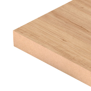 Close up of Catania MDF Panel Two-Sided (18 mm) 3/4 in x 6 ft x 8 ft showing MDF core and smooth Beige melamine surface for durable furniture applications.