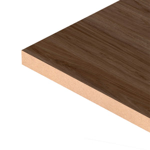 Close up of Ocaso Nativo MDF Panel Two-Sided (9 mm) 3/8 in x 6 ft x 8 ft showing MDF core and smooth Brown melamine surface for durable furniture applications.