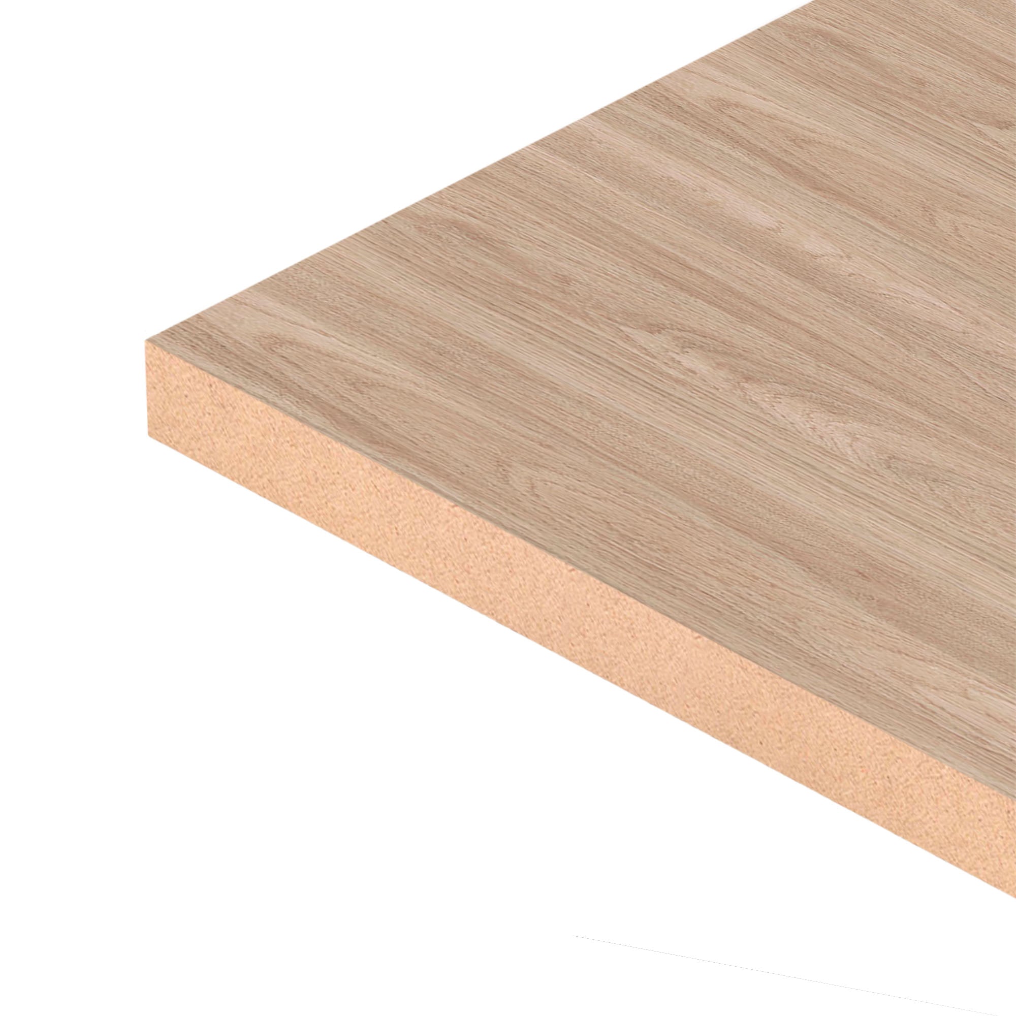 Close up of Roble Nativo Natural MDF Panel Two-Sided (9 mm) 3/8 in x 6 ft x 8 ft showing MDF core and smooth Brown melamine surface for durable furniture applications.