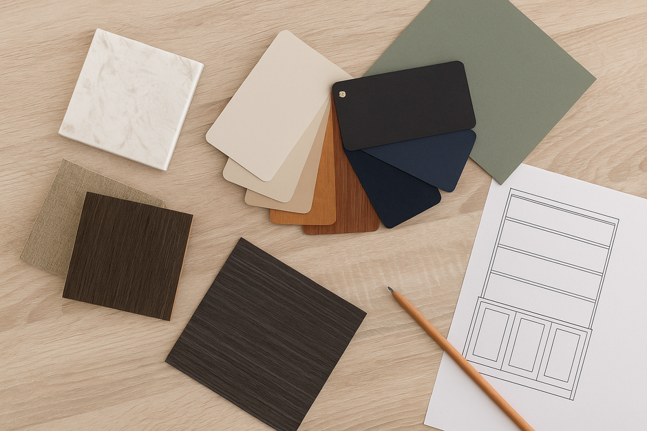A top-down view of decorative surface samples on a light wood table, including a swatch fan deck of various colors and textures, woodgrain laminate tiles, a green panel, and an architectural sketch with a pencil.