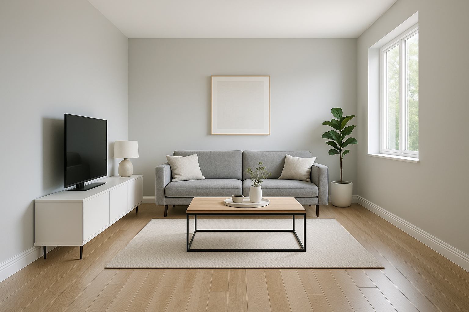 Modern minimalist living room featuring light gray walls, glossy white baseboards, light wood flooring, a gray sofa with neutral cushions, a sleek white media console, and natural daylight streaming through a large window.