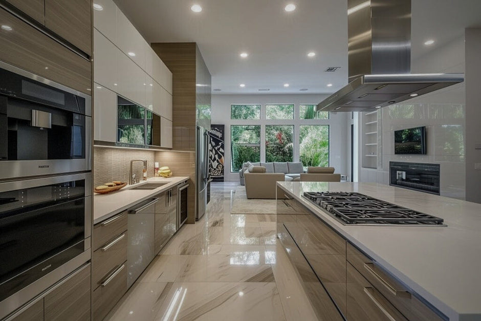 A modern and spacious kitchen with sleek cabinetry and stainless steel appliances. There's a central island with a stove and range hood. The kitchen comes with kitchen accessories such as a sink, faucet, and countertops.