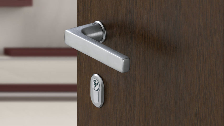 Modern silver door handle and keyhole on dark wood door, Häfele hardware.