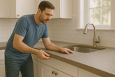 DIY homeowner installing Wilsonart laminate countertop in modern kitchen with white cabinets, subway tile backsplash, stainless steel sink, and soft natural daylight – step-by-step countertop alignment during home renovation project.