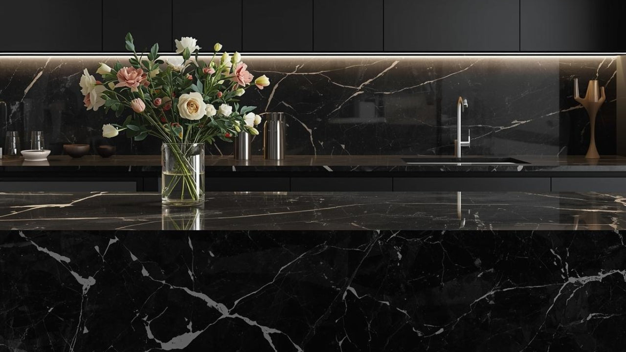 Modern kitchen with a sleek black Wilsonart countertop and backsplash, featuring marble-style veining and a floral arrangement on the island.