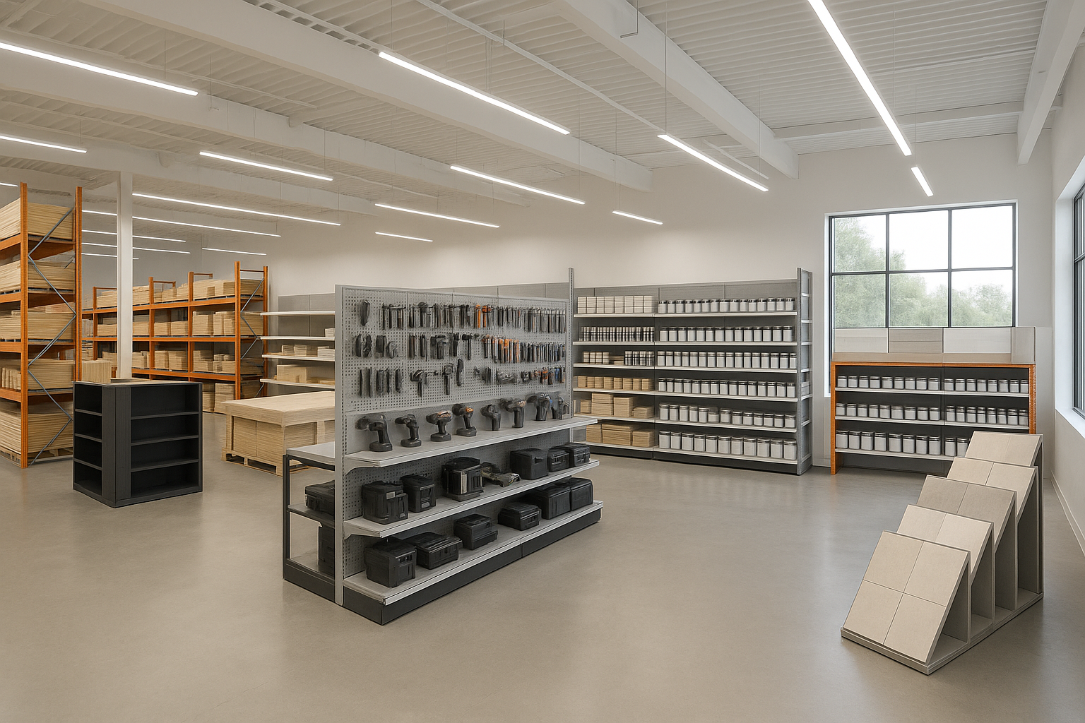 Bright, modern home improvement store with shelves of tools, paint, and materials in a clean, minimalist layout.