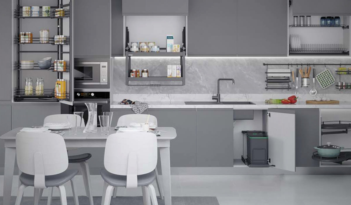 A modern kitchen equipped with Starax accessories, showcasing innovative storage solutions that maximize space and organization.