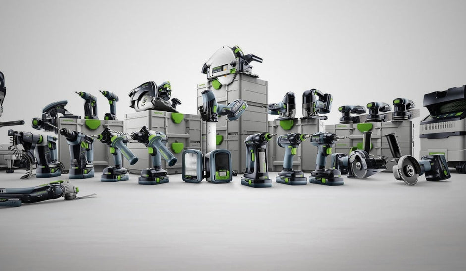 A wide array of Festool power tools is displayed, showcasing the brand's commitment to providing a comprehensive selection of high-quality equipment for professionals.