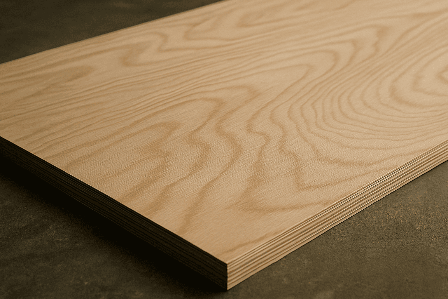 Close-up of a plywood sheet showing detailed wood grain and layered edges, placed on a dark concrete surface in soft natural light