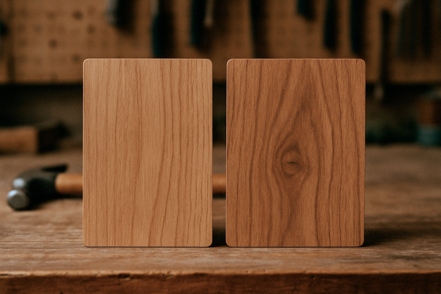 Two high pressure laminates wood samples on a rustic workbench; the left sample has a lighter wood grain, while the right is darker with a visible knot, set against a blurred background of workshop tools.