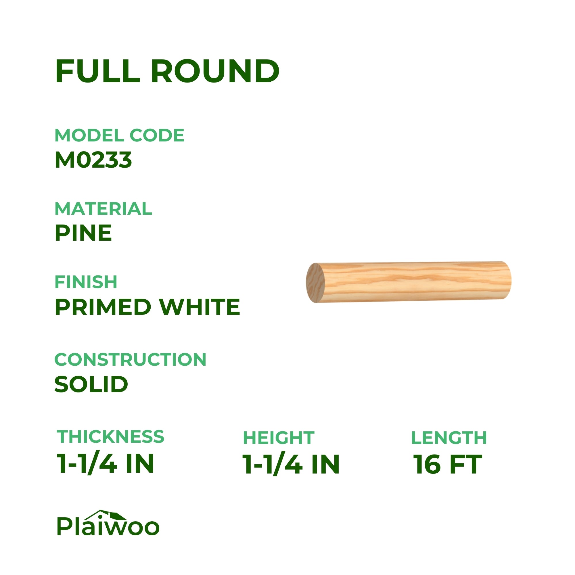 1-1/4 in x 1-1/4 in x 16 ft M0233 Primed White Pine Wood Full Round -  Moulding - high-quality decorative trim for doors, windows, and interior finishing.