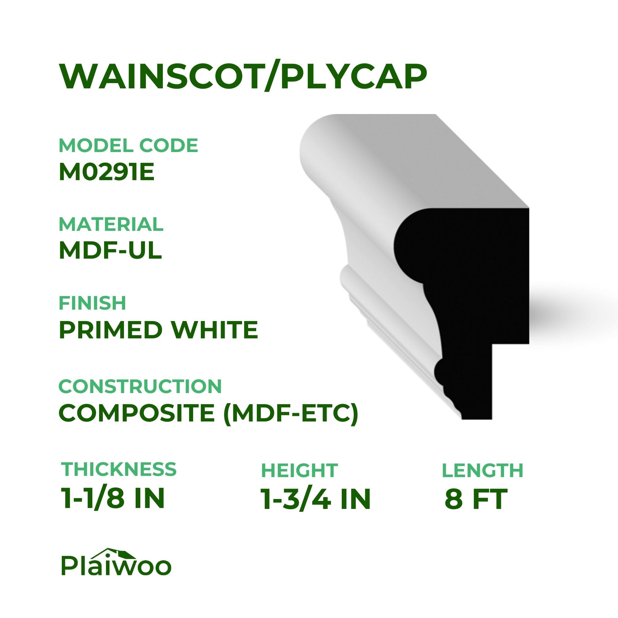 1-1/8 in x 1-3/4 in x 8 ft M0291E Primed White MDF-UL Wainscot/Plycap -  Moulding - high-quality decorative trim for doors, windows, and interior finishing.