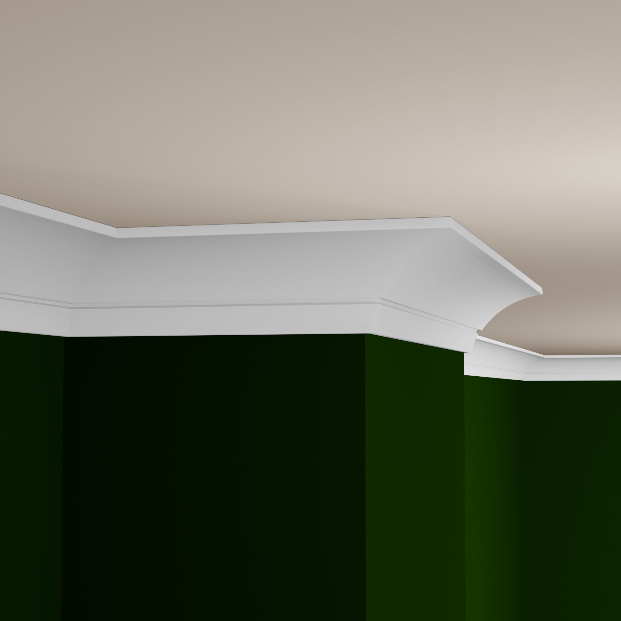 View of a room featuring the MM312A Primed White MDF Crown Moulding installed, measuring 1-3/16 in x 5-7/16 in x 16 ft, highlighting an elegant and clean finish, ideal for enhancing the aesthetics of any space.