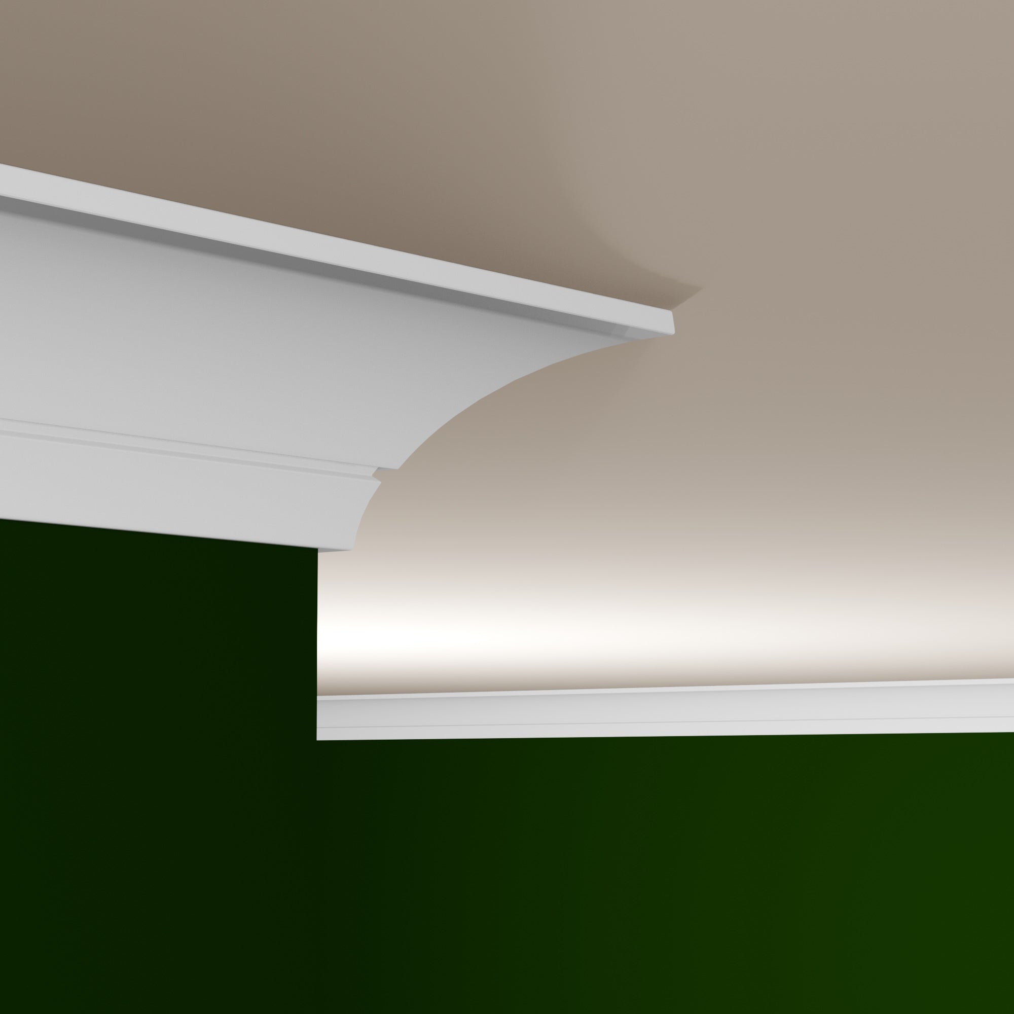 View of a room featuring the MM312A Primed White MDF Crown Moulding installed, measuring 1-3/16 in x 5-7/16 in x 16 ft, highlighting an elegant and clean finish, ideal for enhancing the aesthetics of any space.