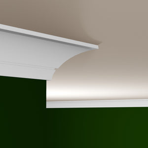 View of a room featuring the MM312A Primed White MDF Crown Moulding installed, measuring 1-3/16 in x 5-7/16 in x 16 ft, highlighting an elegant and clean finish, ideal for enhancing the aesthetics of any space.