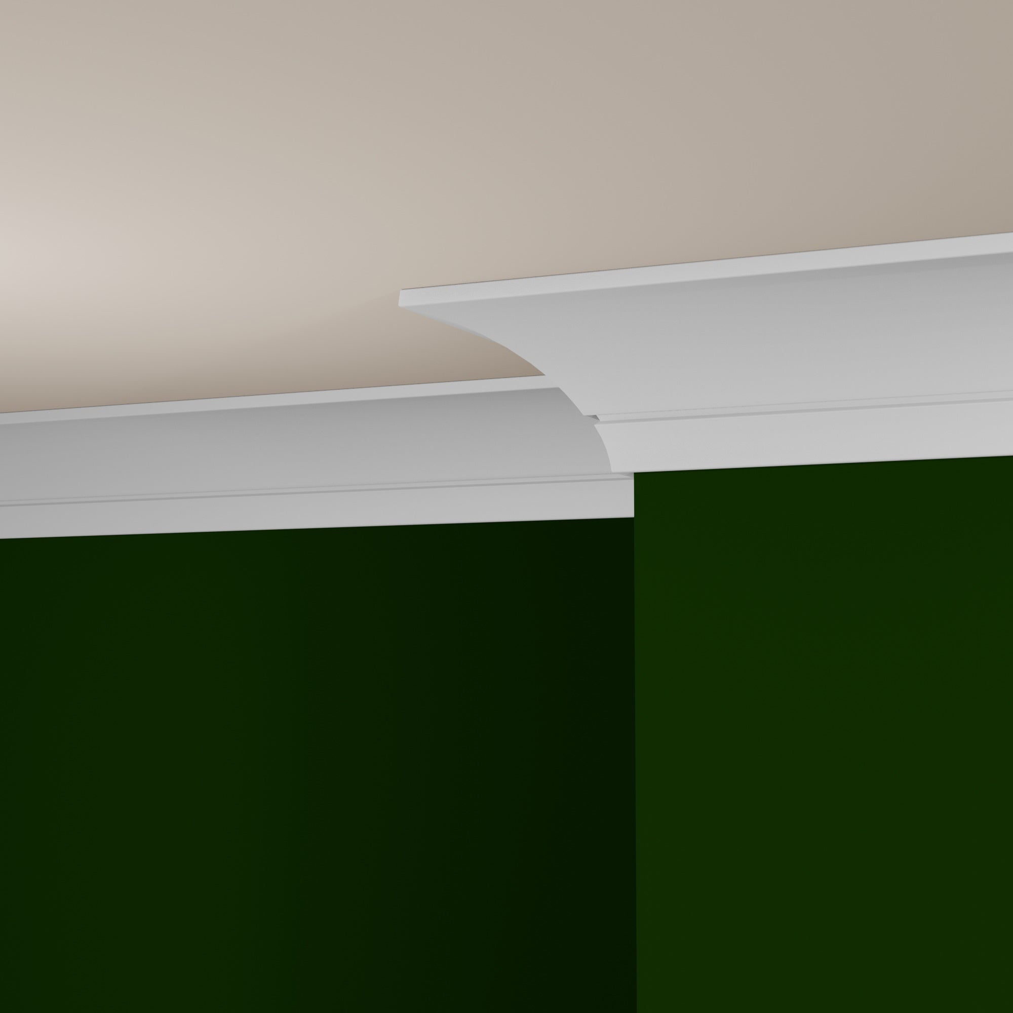 View of a room featuring the MM312A Primed White MDF Crown Moulding installed, measuring 1-3/16 in x 5-7/16 in x 16 ft, highlighting an elegant and clean finish, ideal for enhancing the aesthetics of any space.