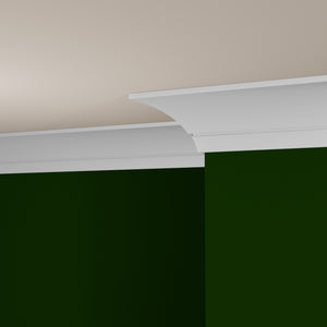 View of a room featuring the MM312A Primed White MDF Crown Moulding installed, measuring 1-3/16 in x 5-7/16 in x 16 ft, highlighting an elegant and clean finish, ideal for enhancing the aesthetics of any space.