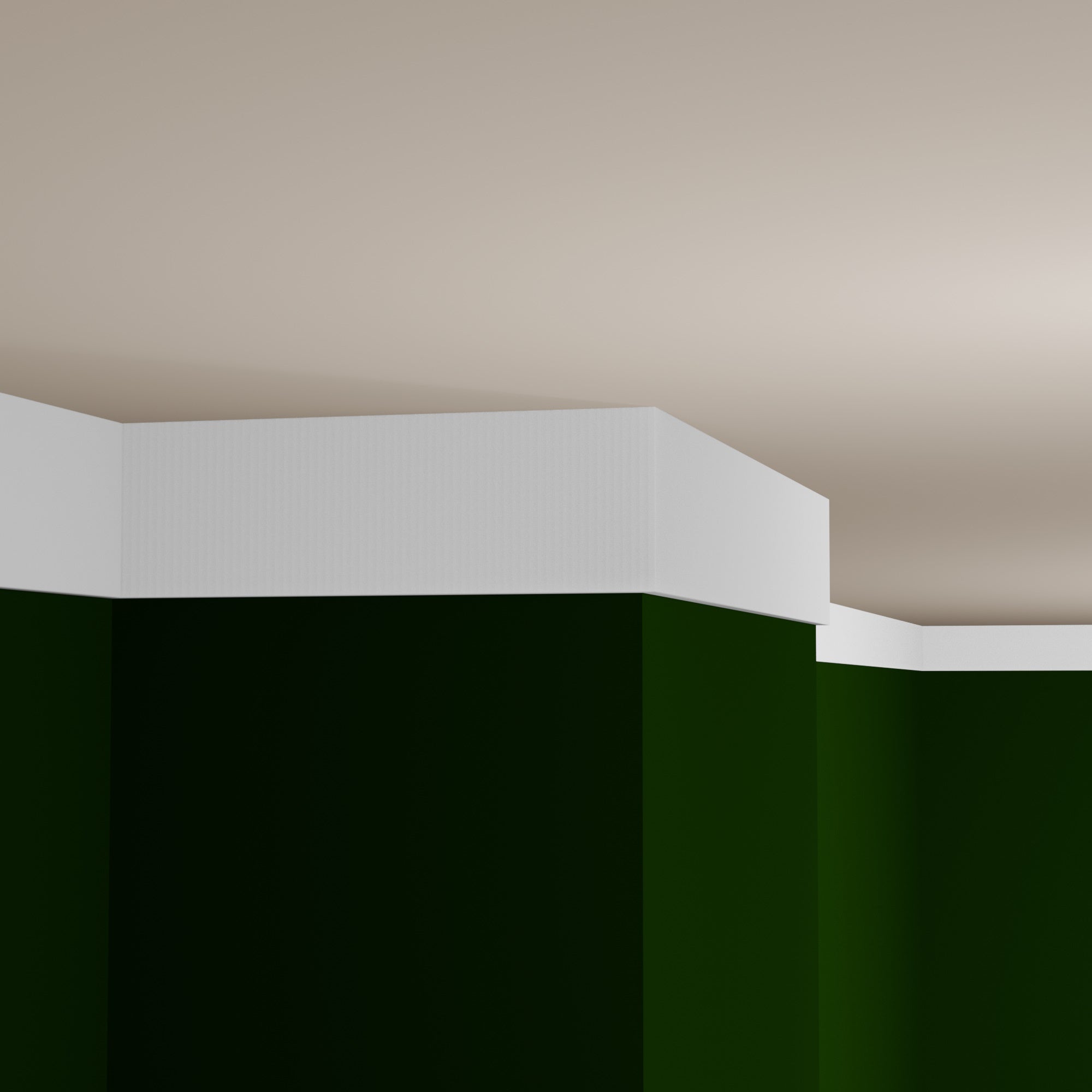 View of a room featuring the M0041U Primed White MDF Crown Moulding installed, measuring 1-3/16 in x 6-3/4 in x 16 ft, highlighting an elegant and clean finish, ideal for enhancing the aesthetics of any space.