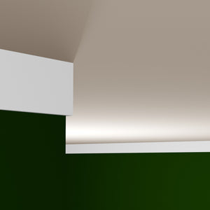 View of a room featuring the M0041U Primed White MDF Crown Moulding installed, measuring 1-3/16 in x 6-3/4 in x 16 ft, highlighting an elegant and clean finish, ideal for enhancing the aesthetics of any space.