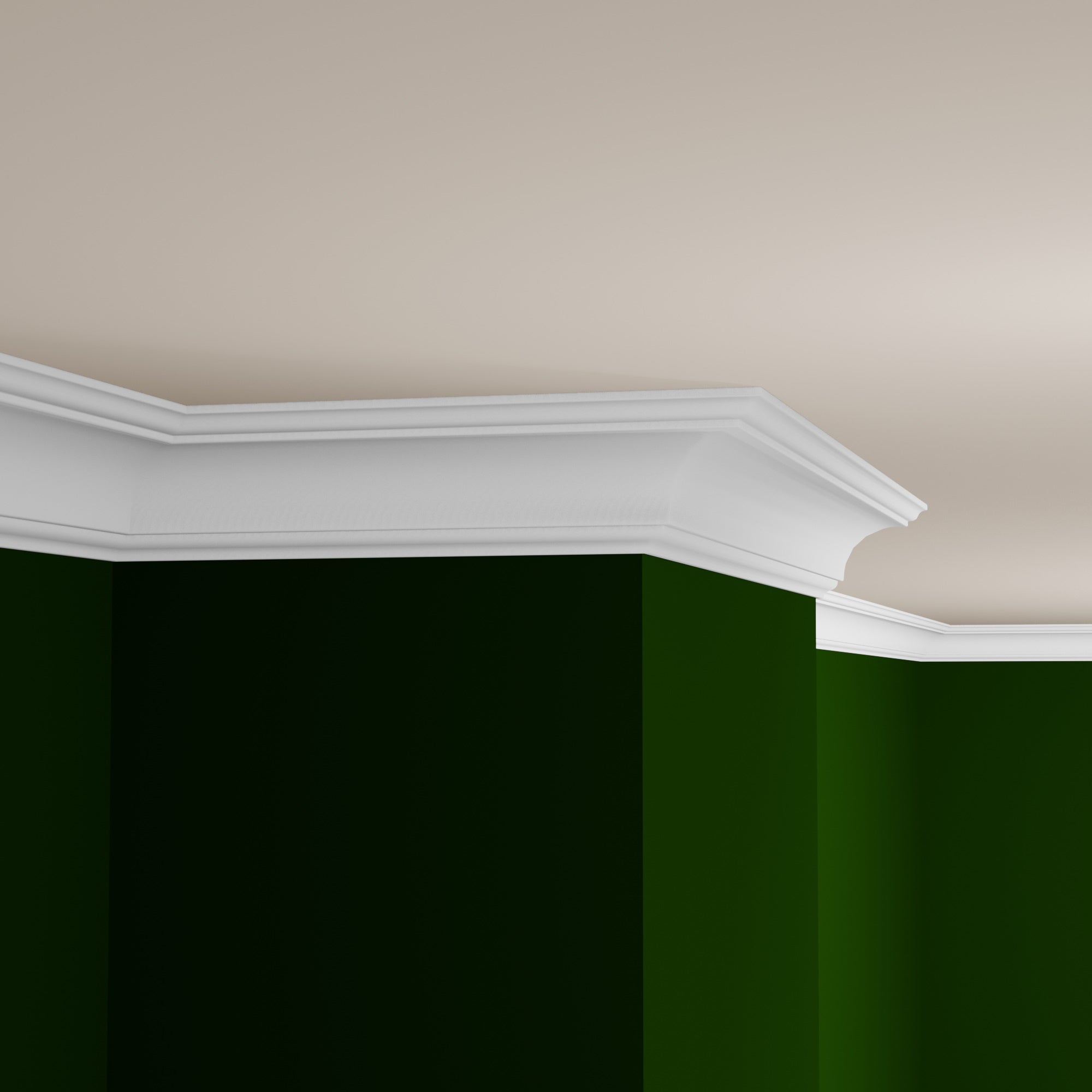 View of a room featuring the M0041A Primed White MDF Crown Moulding installed, measuring 1-3/16 in x 6-5/16 in x 16 ft, highlighting an elegant and clean finish, ideal for enhancing the aesthetics of any space.