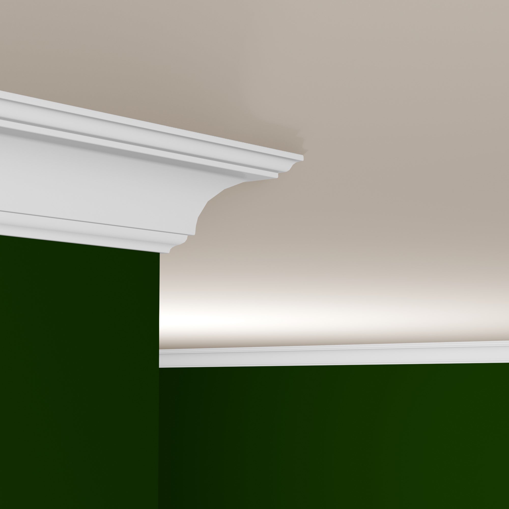 View of a room featuring the M0041A Primed White MDF Crown Moulding installed, measuring 1-3/16 in x 6-5/16 in x 16 ft, highlighting an elegant and clean finish, ideal for enhancing the aesthetics of any space.