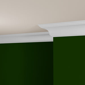 View of a room featuring the M0041A Primed White MDF Crown Moulding installed, measuring 1-3/16 in x 6-5/16 in x 16 ft, highlighting an elegant and clean finish, ideal for enhancing the aesthetics of any space.